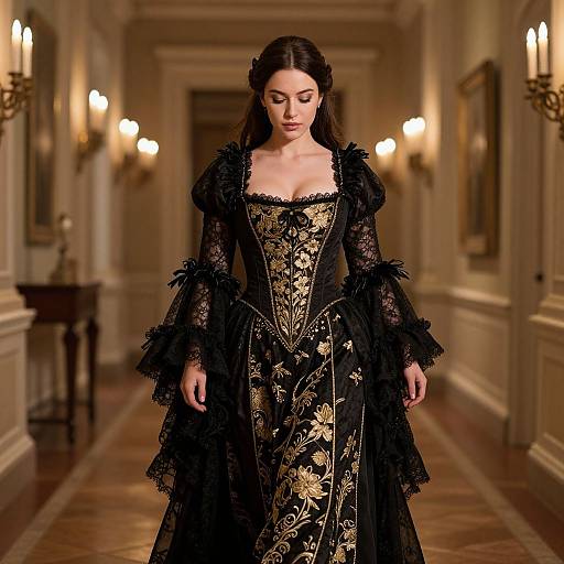 Victorian Style Woman in Elegant Black and Gold Embroidered Gown
