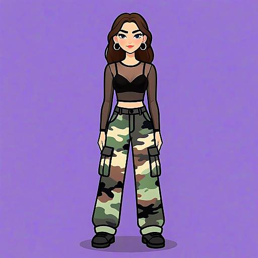 Urban Streetwear Woman with Camouflage Cargo Pants and Sheer Black Top Illustration