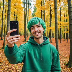 Young Man with Green Hair Taking Selfie in Autumn Forest