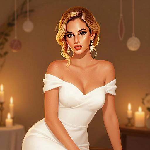 Elegant Blonde Woman in White Dress with Candlelit Background