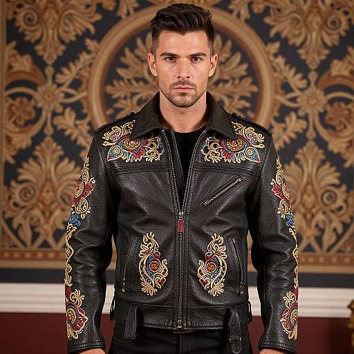 Man Wearing Black Leather Jacket with Ornate Embroidery