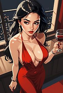 Stylish Woman in Red Dress Holding Wine - Digital Illustration