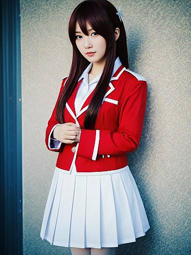 Realistic Woman Cosplaying Misaki Onuki Yoshimura in Red and White School Uniform