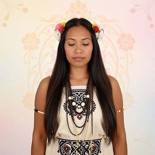 Woman in Traditional Embroidered Dress with Floral Hairpieces and Beaded Necklaces