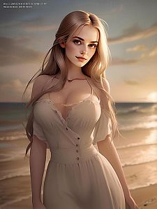 Beautiful Blonde Woman in White Dress Standing on Beach at Sunset - Digital Artwork