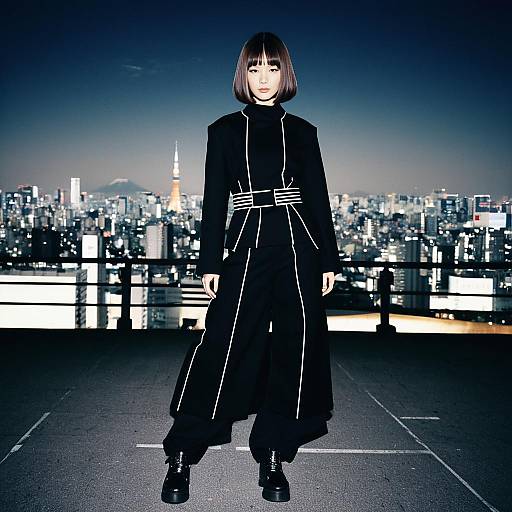 Woman in Futuristic Black Outfit on Rooftop with City Lights