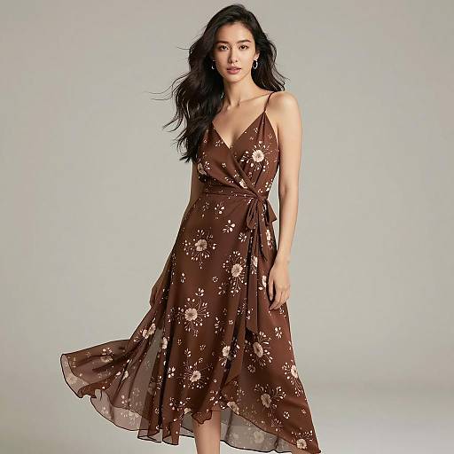 Elegant Brown Floral Wrap Dress with Asymmetrical Hemline