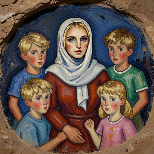 Illustrative Family Portrait of Woman with Four Children in Classical Style