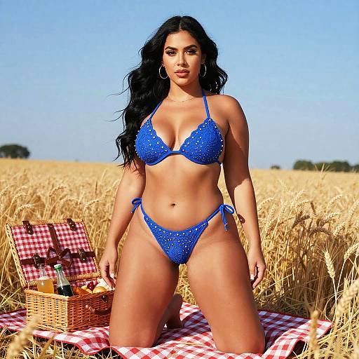 Woman in Blue Studded Bikini with Picnic Basket in Wheat Field