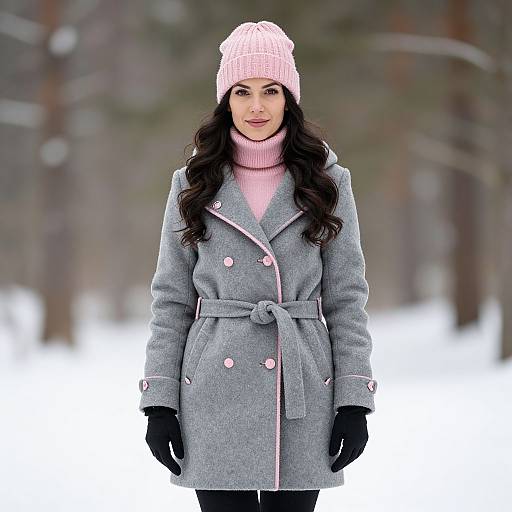 Woman in Grey and Pink Winter Coat Standing in Snowy Outdoor Setting