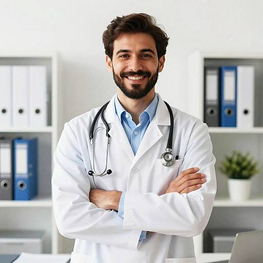 Smiling Confident Male Doctor in White Lab Coat with Stethoscope