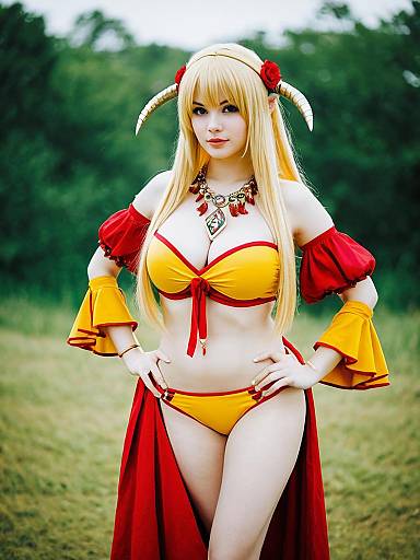 Gypsy Ragnarok Online Cosplay Woman in Yellow and Red Fantasy Costume