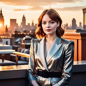 Stylish Woman in Metallic Blazer Against Sunset Skyline
