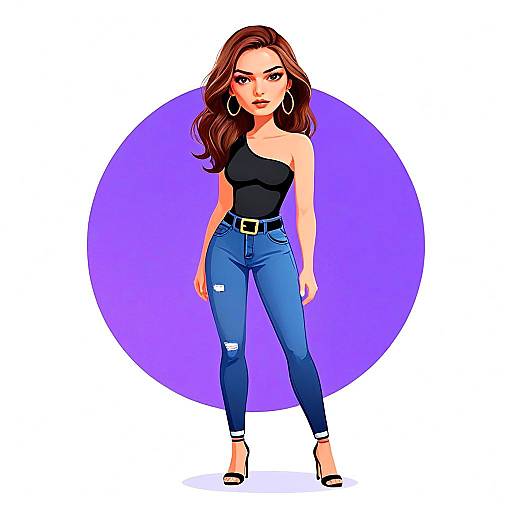 Stylish Woman in Casual Chic One-Shoulder Top and Ripped Jeans Illustration