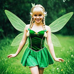 Young Woman in Green Fairy Costume with Wings