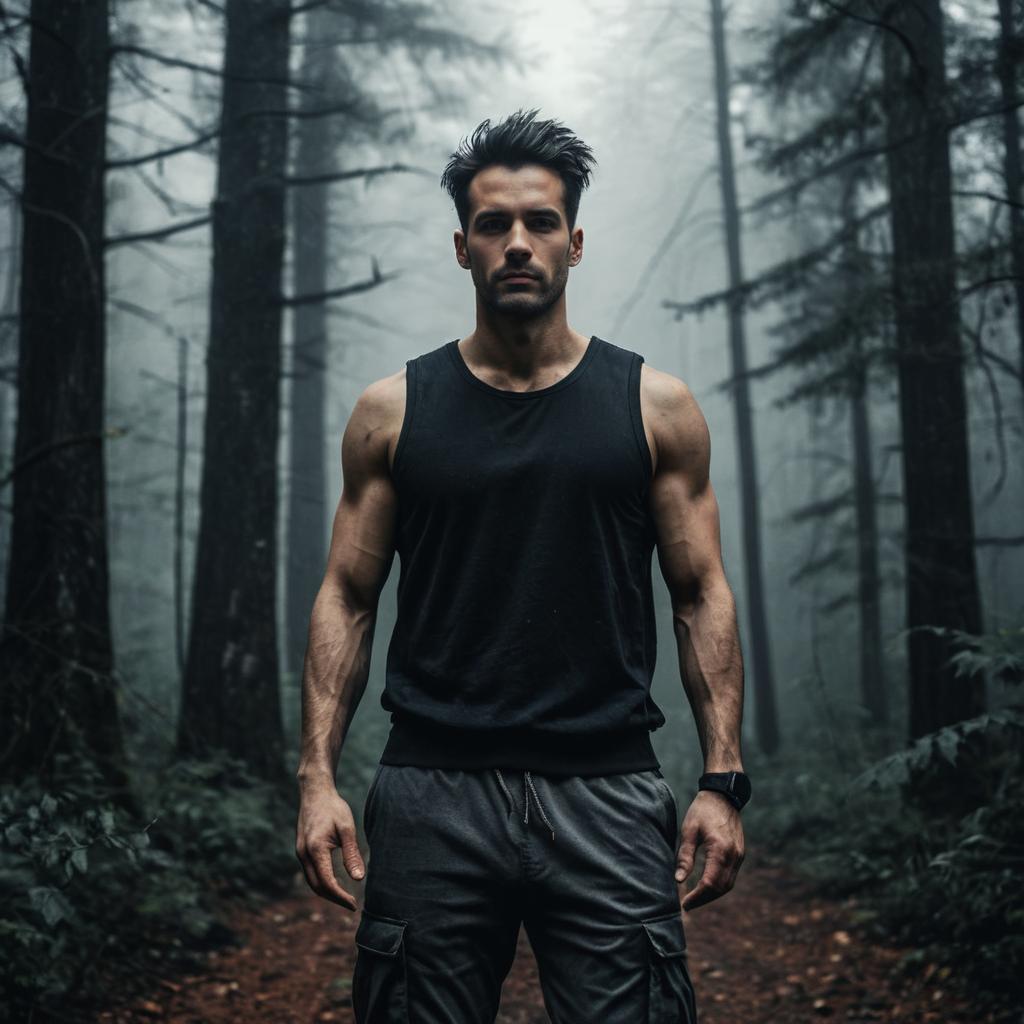 Muscular Man in Forest Path with Mist Muscular Man in Forest Path with Mist