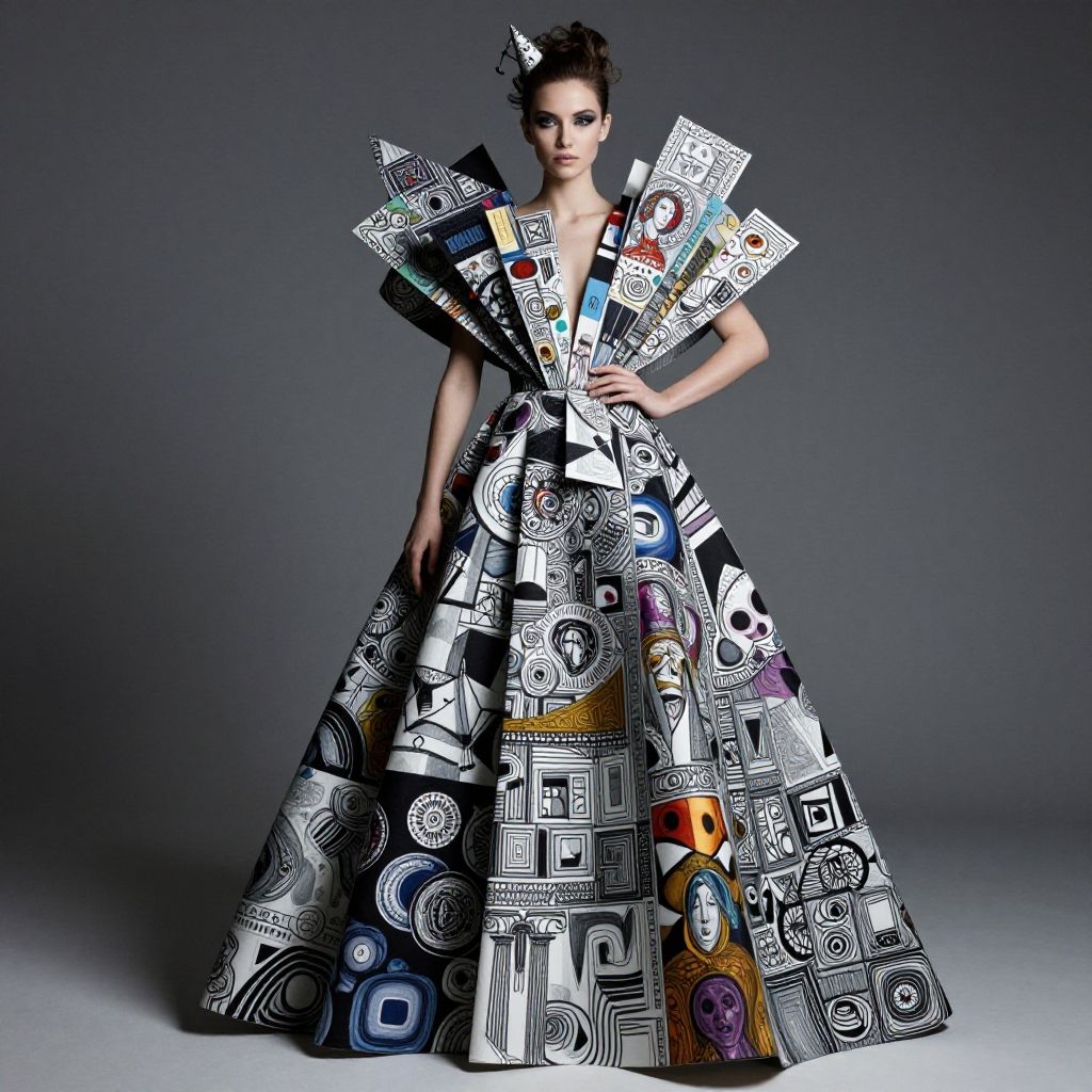 Avant-Garde Sculptural Gown with Surrealist Art Patterns