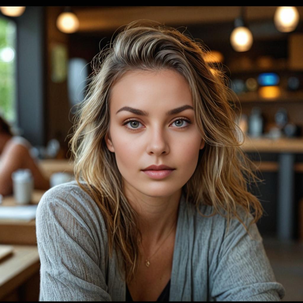 Woman in Grey Cardigan at Café