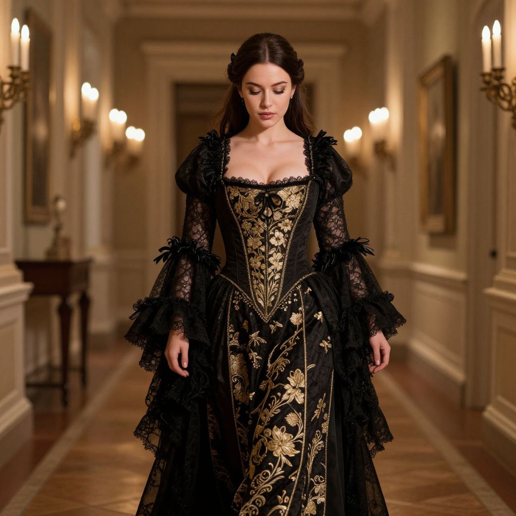Victorian Style Woman in Elegant Black and Gold Embroidered Gown