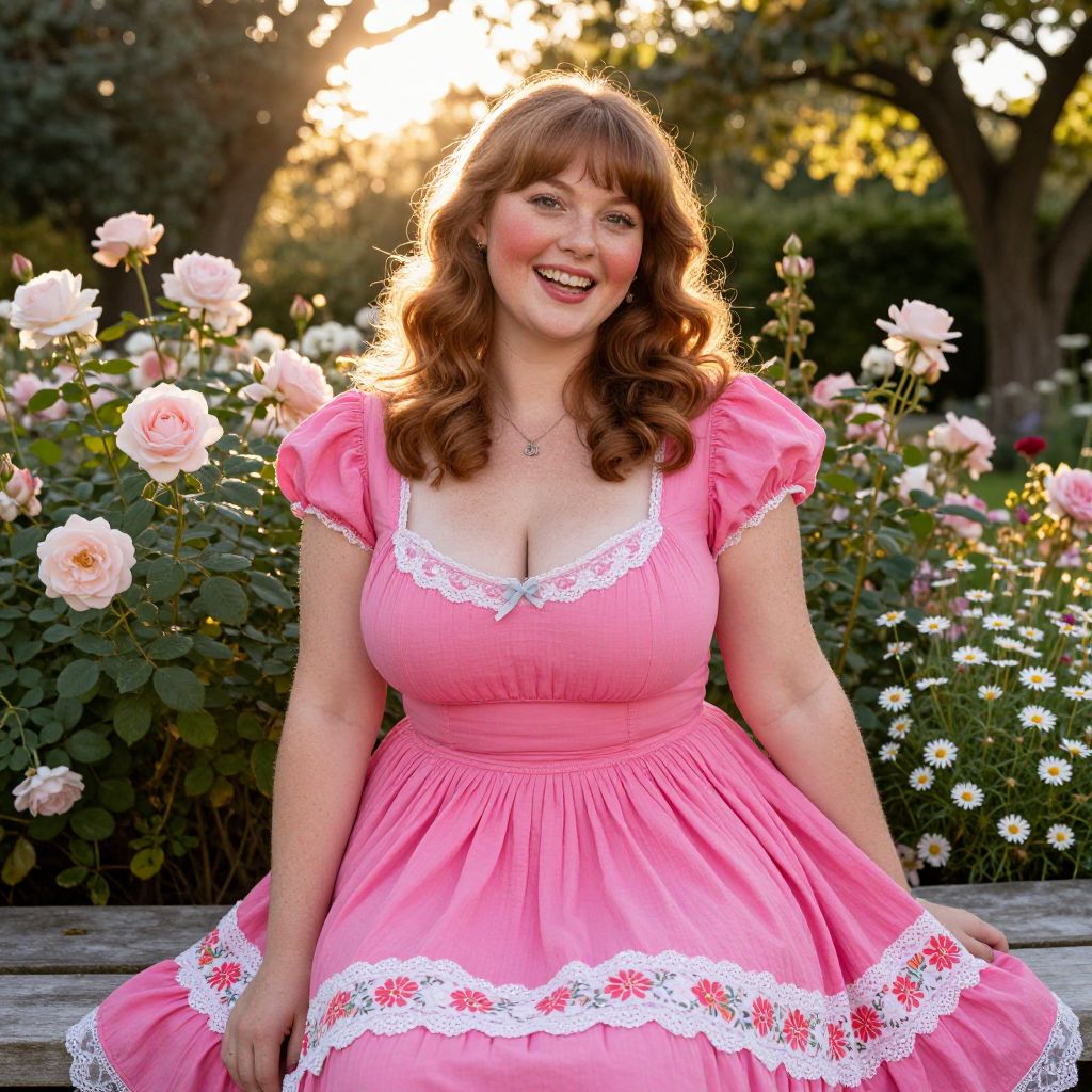 Red-Haired Woman in Vintage Pink Dress Sitting in Rose Garden at Golden Hour