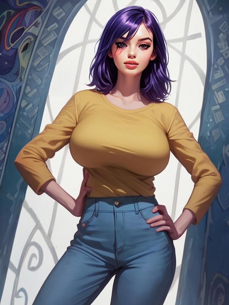 Stylized Digital Portrait of a Purple-Haired Woman in Yellow Top and Jeans