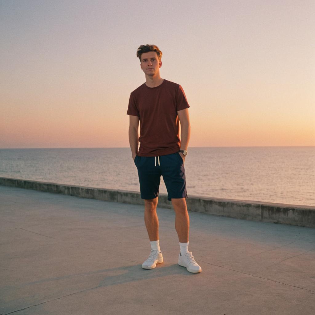 Man on Seaside Promenade at Sunset