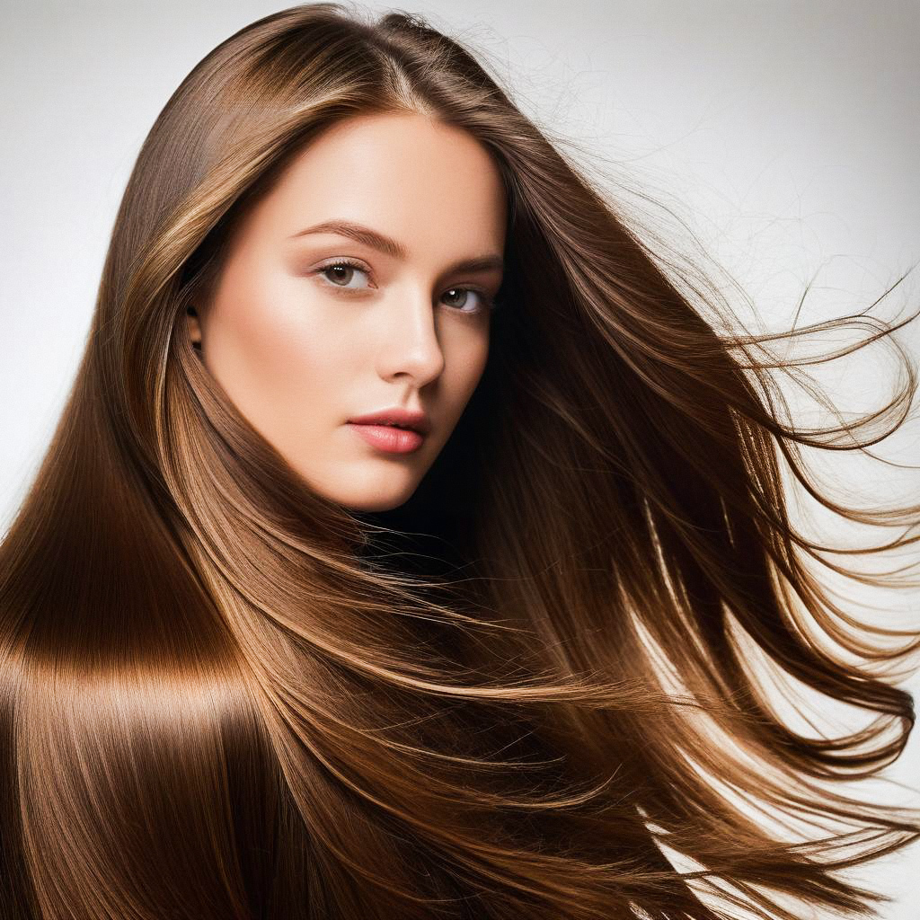 Close-up portrait of a young woman with glossy brown hair Close-up portrait of a young woman with glossy brown hair
