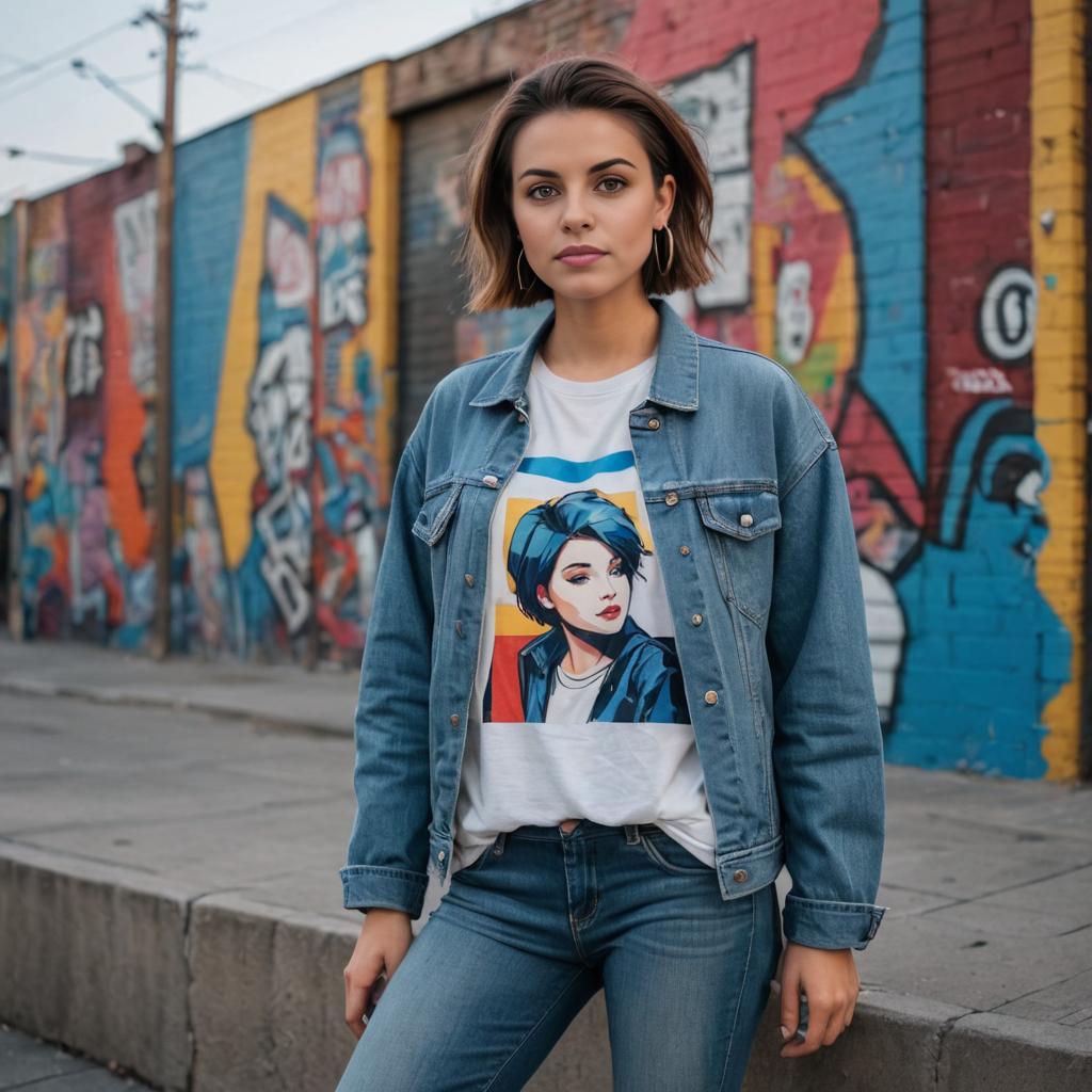 Stylish Woman in Bauhaus Mural with Wolf-Cut Hairstyle