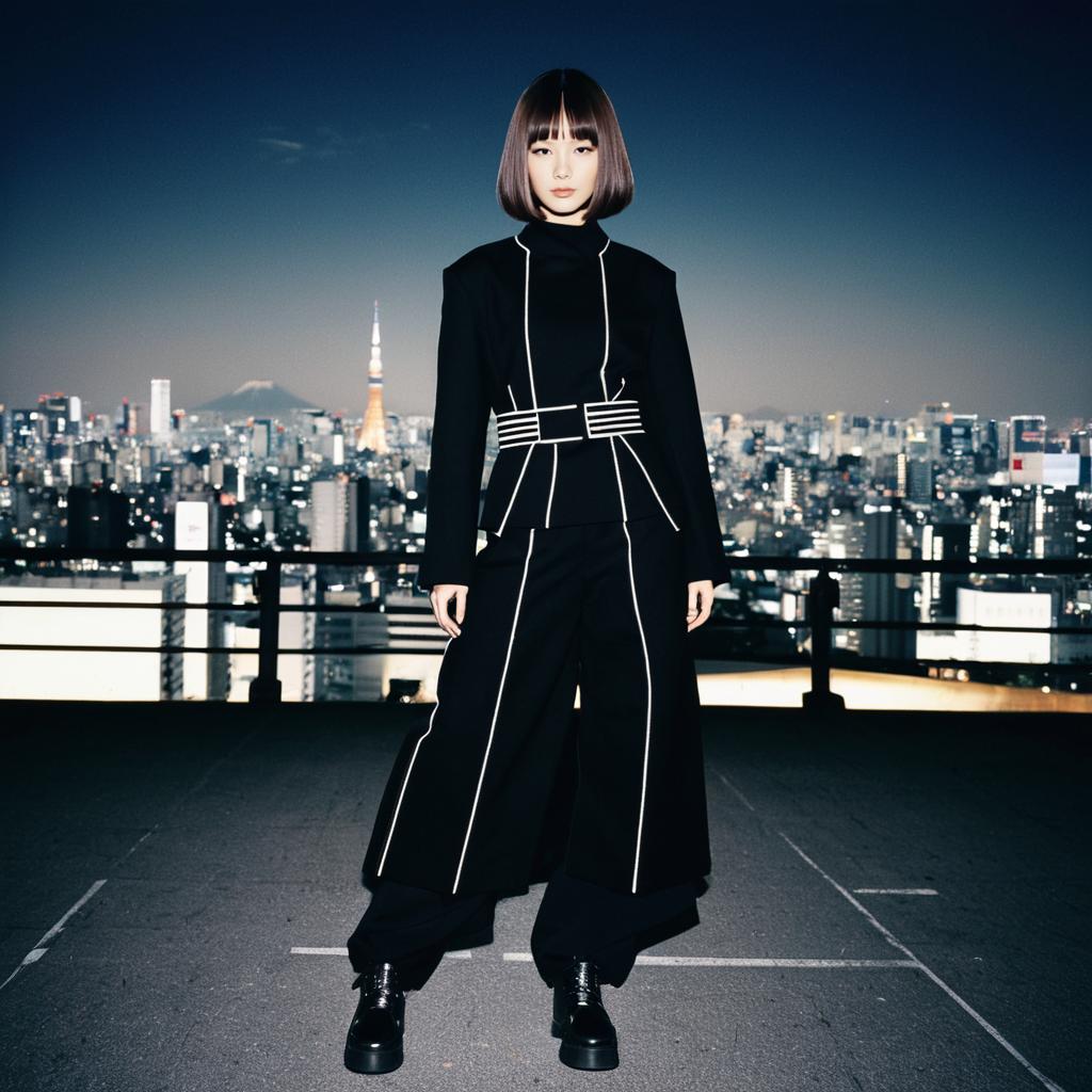 Woman in Futuristic Black Outfit on Rooftop with City Lights