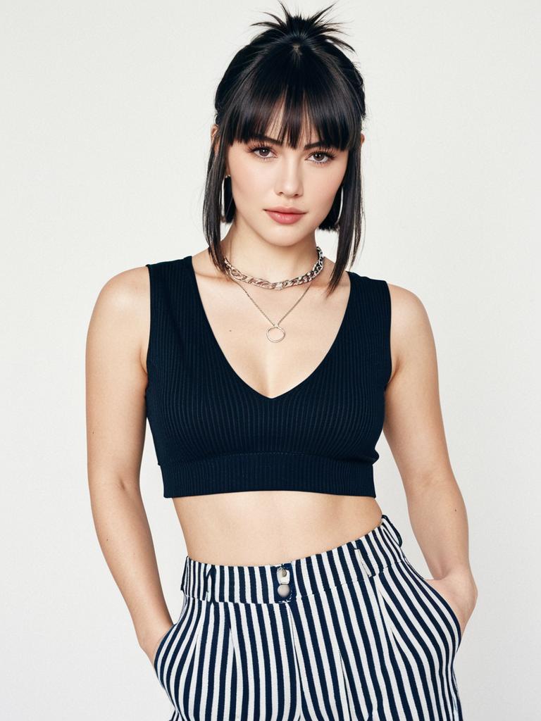 Woman in Contemporary Casual Black Ribbed Crop Top with Deep V Neckline and Striped Pants
