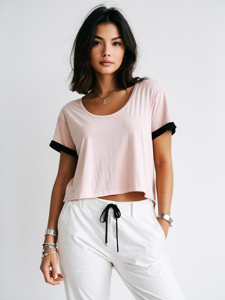 Woman Casual Style Oversized Blush Pink T-Shirt with Scoop Neck and White Drawstring Pants