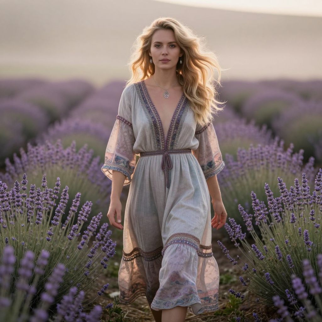 Woman in Bohemian Dress Walking Through Lavender Field
