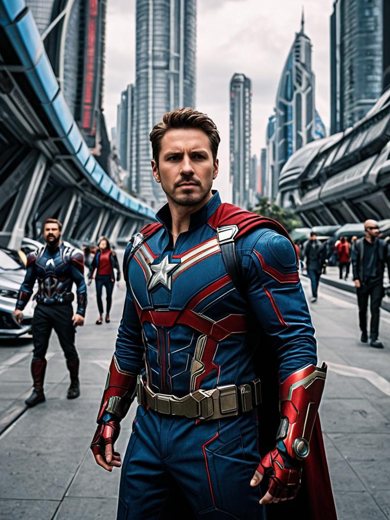 Futuristic Superhero in Sci-Fi City