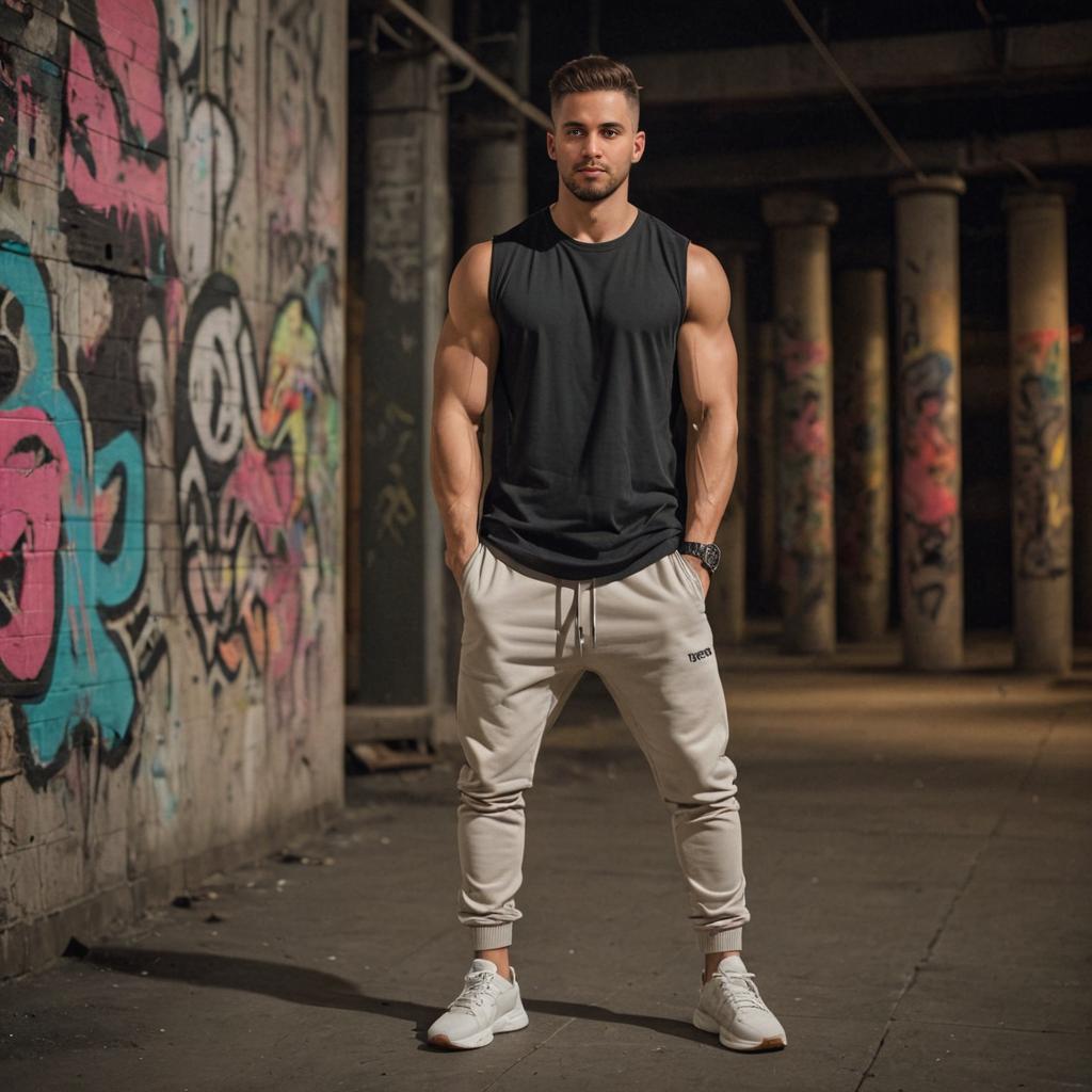 Confident man in urban streetwear with graffiti