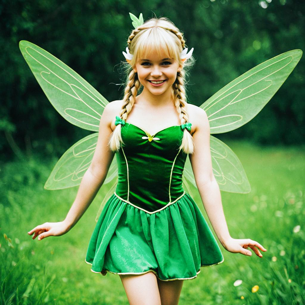 Young Woman in Green Fairy Costume with Wings