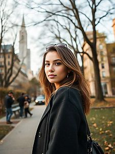 Chic Young Woman on Urban Sidewalk in Autumn