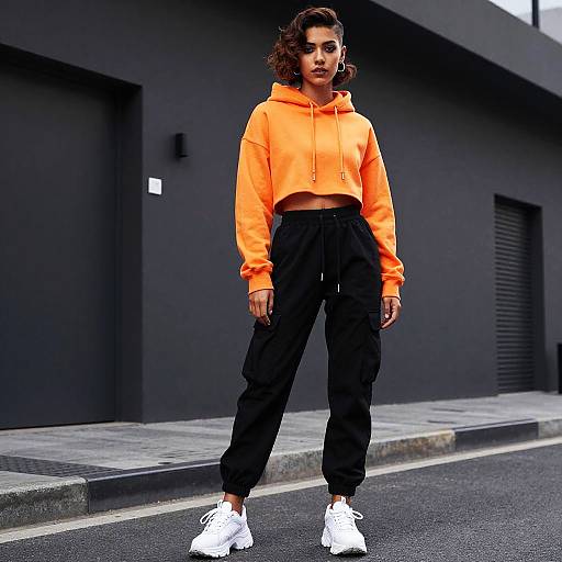 Trendy Woman in Orange Cropped Hoodie and Black Cargo Pants on Urban Street