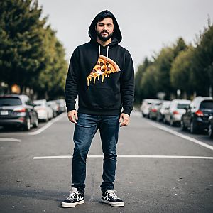 Man in Black Hoodie with Pizza Graphic on Street