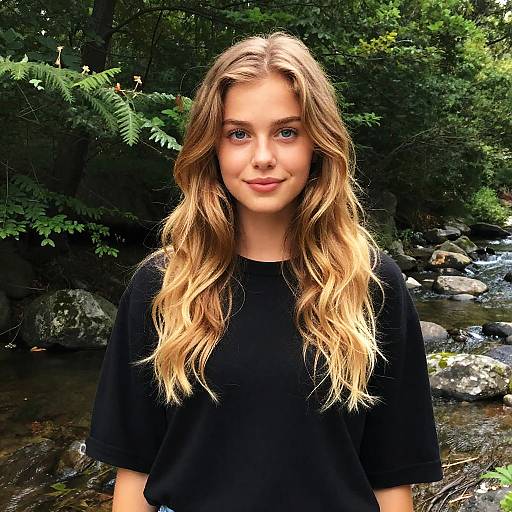 Young Woman with Blonde Hair Standing Near Rocky Stream in Nature