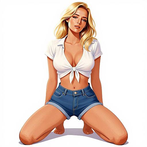 Digital Illustration of Blonde Woman Kneeling in White Crop Top and Denim Shorts
