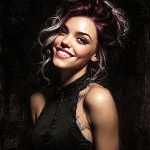 Young Woman Smiling with Purple Hair and Tattoo Portrait