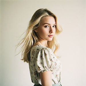 Young Blonde Woman in Floral Blouse