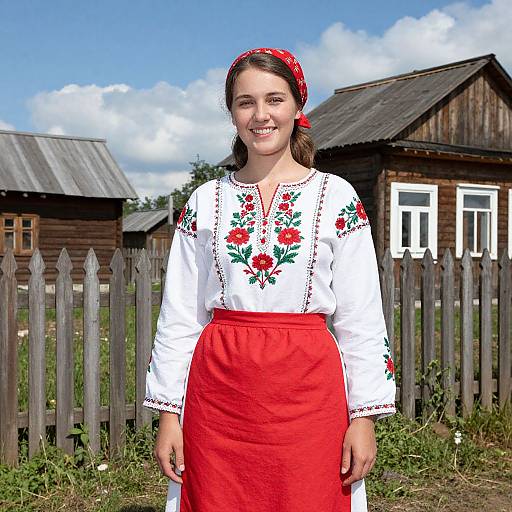 Young Woman in Traditional Embroidered Folk Costume Outside Rustic Village