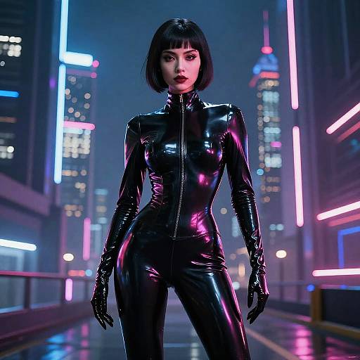 Cyberpunk Woman in Black Latex Bodysuit Neon City Night