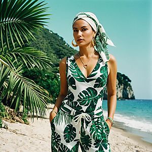 Tropical Style Woman in Leaf-Print Jumpsuit on Beach