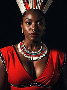 Zulu Woman in Traditional Red Dress and Beaded Headpiece