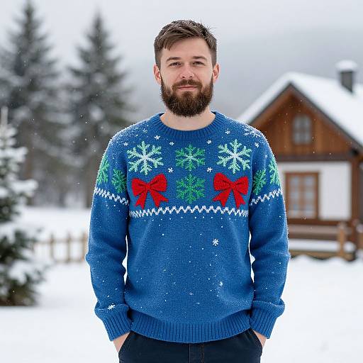 Man Wearing Blue Christmas Sweater in Snowy Winter Landscape