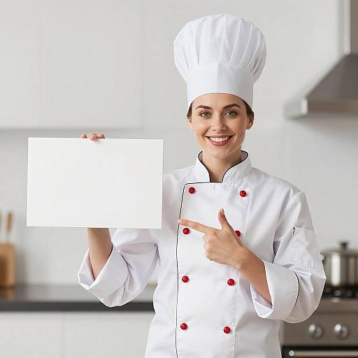 Smiling Woman Chef Holding Blank Sign in Modern Kitchen