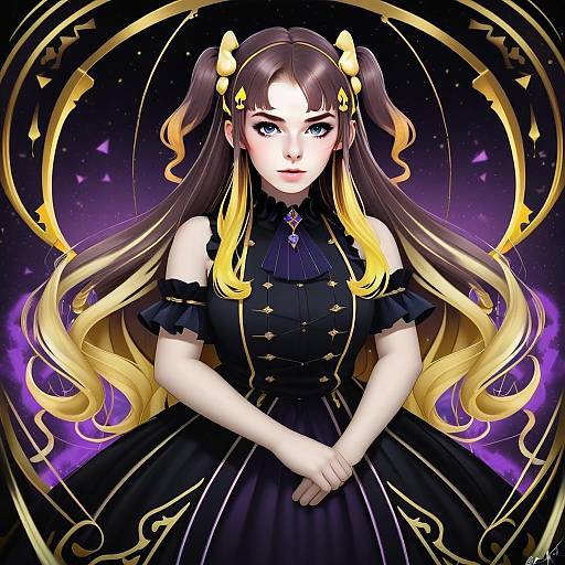 Anime Portrait of Woman in Victorian Style Black and Gold Dress