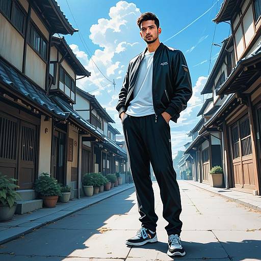 Stylish Young Man in Modern Outfit on Traditional Japanese Street